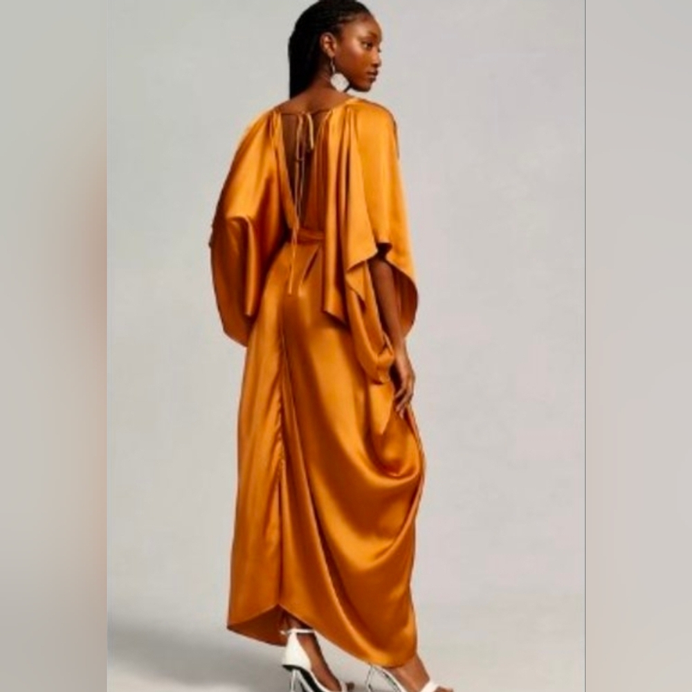 Anthropologie Satin Kaftan Tie Front Maxi Dress OS Adjustabe In Bronze NWT$200 - Picture 5 of 12